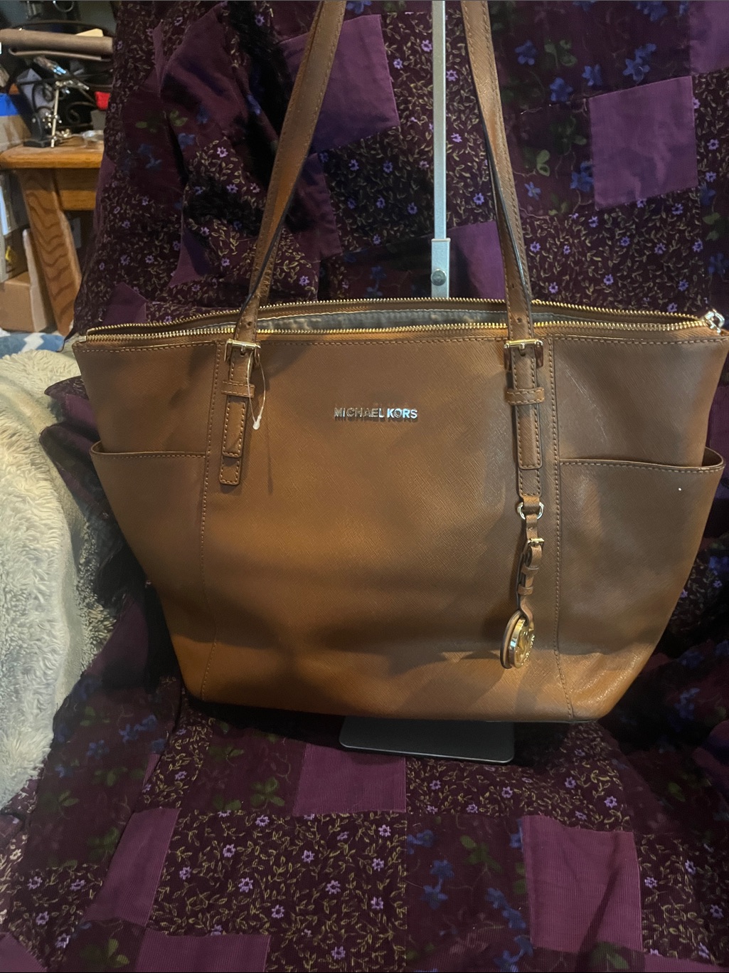 Michael Kors Jet Set Large Cognac Leather Tote With Gold Hardware
